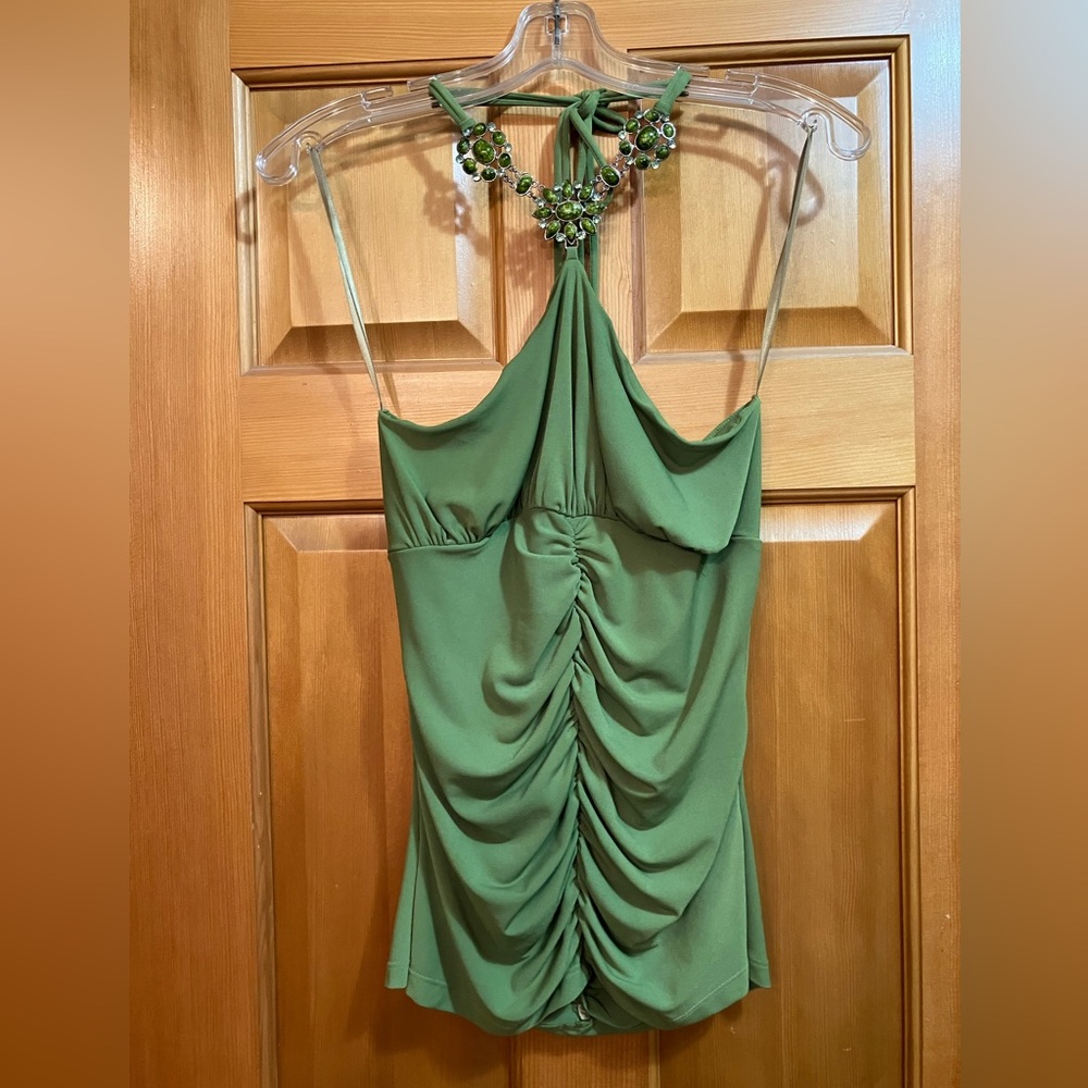Arden B sleeveless green jewel and stone neckline top size Large